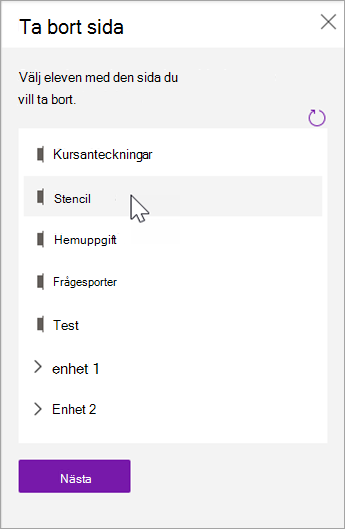 Välj elevavsnittet med sidan du vill ta bort.