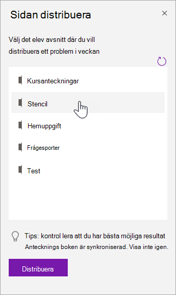 Välj ett elevavsnitt i fönstret Distribuera sida.