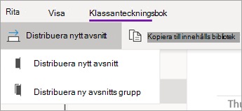 Knappen Distribuera nytt avsnitt med listruta med alternativ.