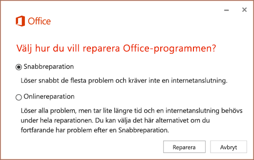 Snabbreparation i Office