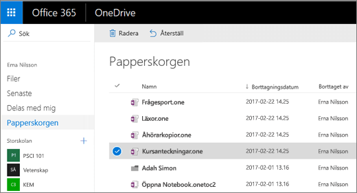 Papperskorgen i OneDrive med en lista över anteckningsboksidor.
