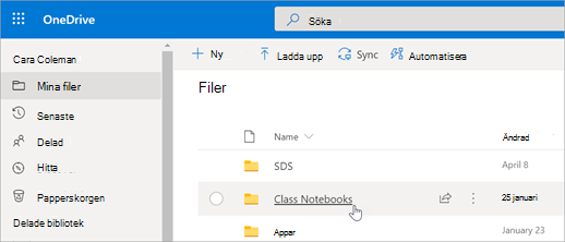 Välj Klassanteckningsböcker i Mina filer.