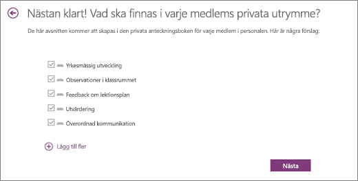 Anteckningsbok för lärare anger vad som finns i personalavsnitt