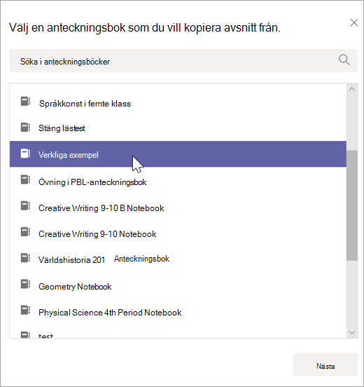 Välj en anteckningsbok som du vill kopiera avsnitt från.