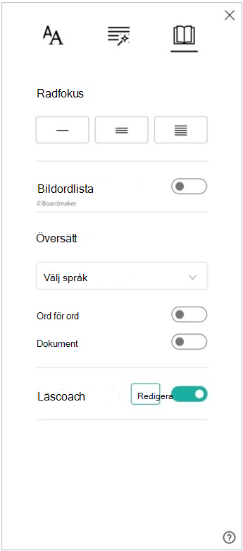 Skärmbild av fönstret Läsinställningar för avancerad läsare med alternativ för radfokus, bildordlista, översättning och Läscoach.