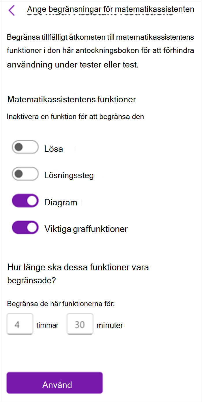 skärmbild av panelen matematik assistent för lärare i klassanteckningsboken. Härifrån kan du aktivera eller inaktivera verktyg i matematiska assistent inklusive problemlösning, lösningssteg, grafer och nyckeldiagramfunktioner.