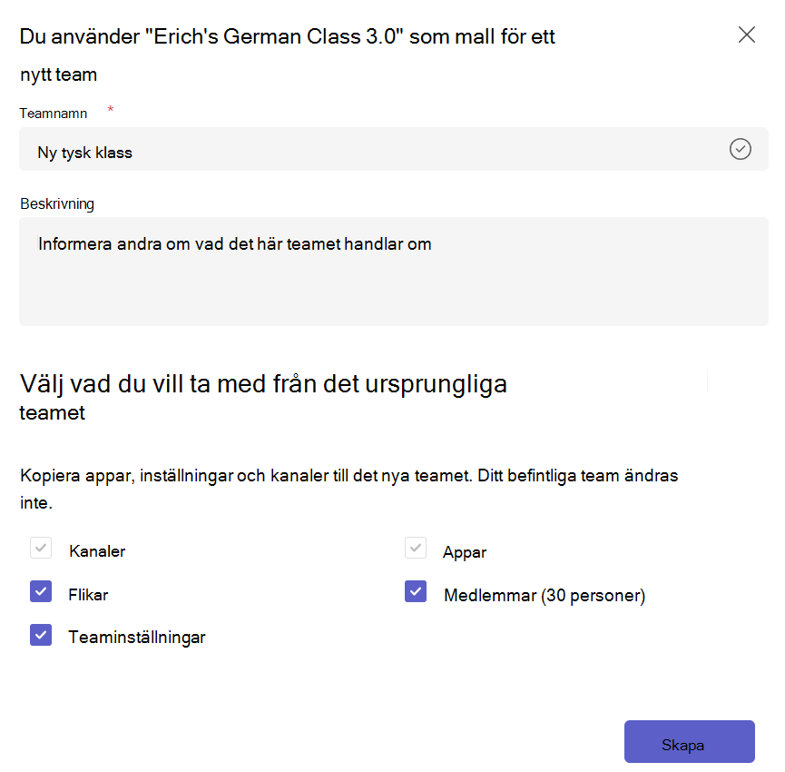 Skärmbild som visar hur du skapar ett nytt team från en befintlig teammall och väljer innehåll att kopiera.