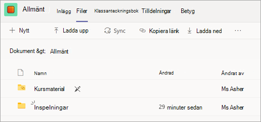 Fliken Filer för en klassgrupp med mappen Inspelningar