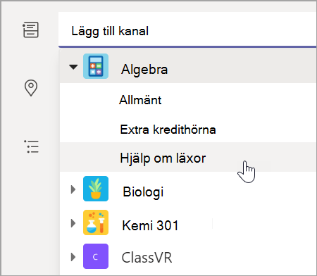 Skärmbild som visar hur du väljer teamkanal för klassen.