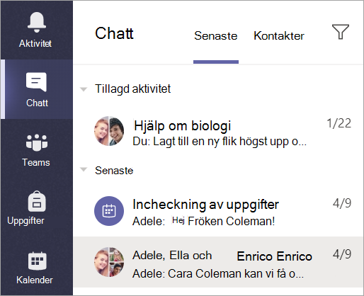 Skärmbild som visar hur du väljer Chat i appfältet.