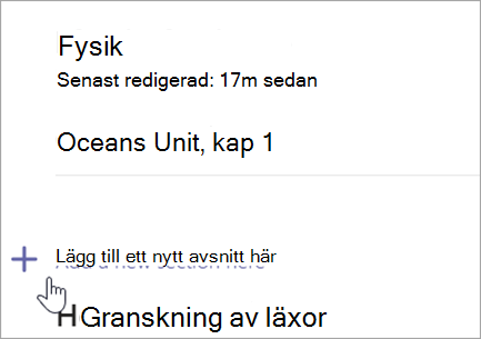 Skärmbild som visar sidan Anteckningsbok för klassen med alternativ för att lägga till ett nytt avsnitt.