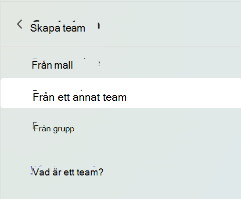 Skärmbild som visar skärmen Skapa team med 