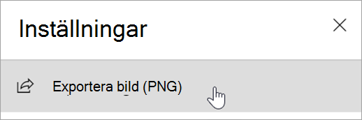 Skärmbild som visar panelen Inställningar med alternativet Exportera bild (PNG).