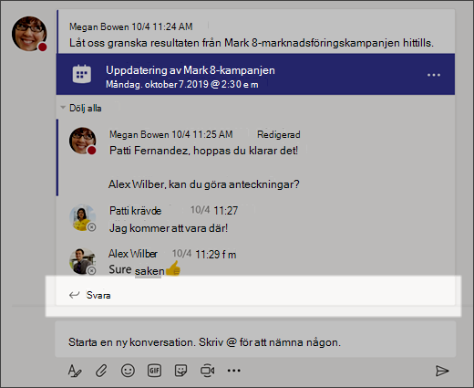 Skärmbild som visar Svara i en konversation.