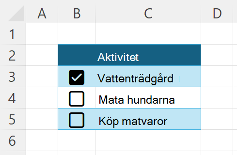 En kort lista med sysslor med kryssrutor bredvid dem