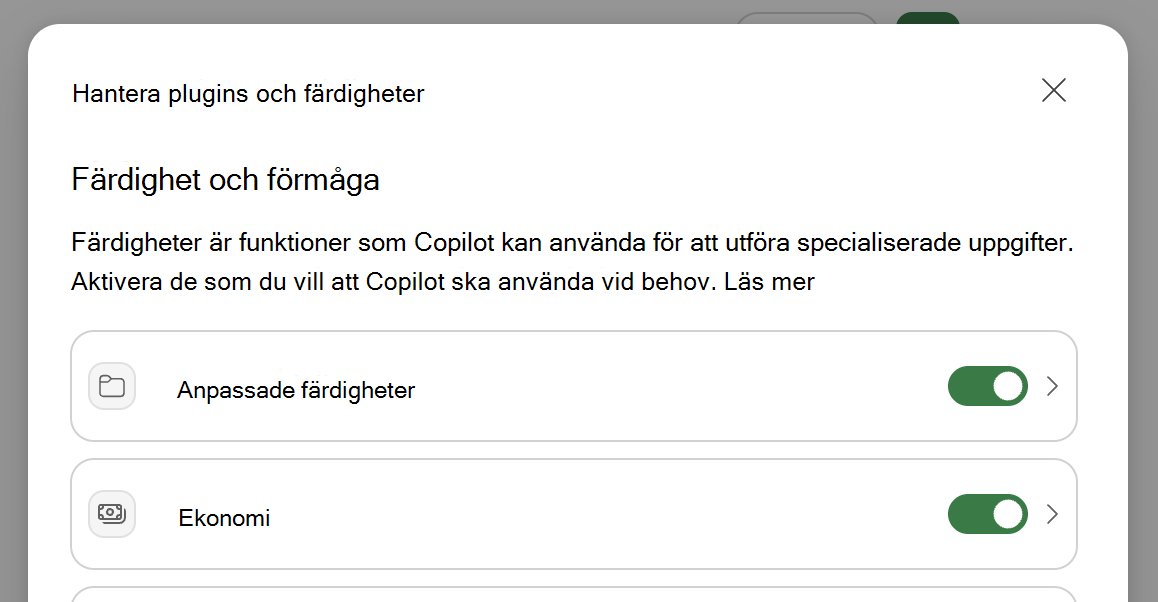 Skärmbild av Copilot i Excel Dialogrutan Hantera plugin-program & färdigheter.