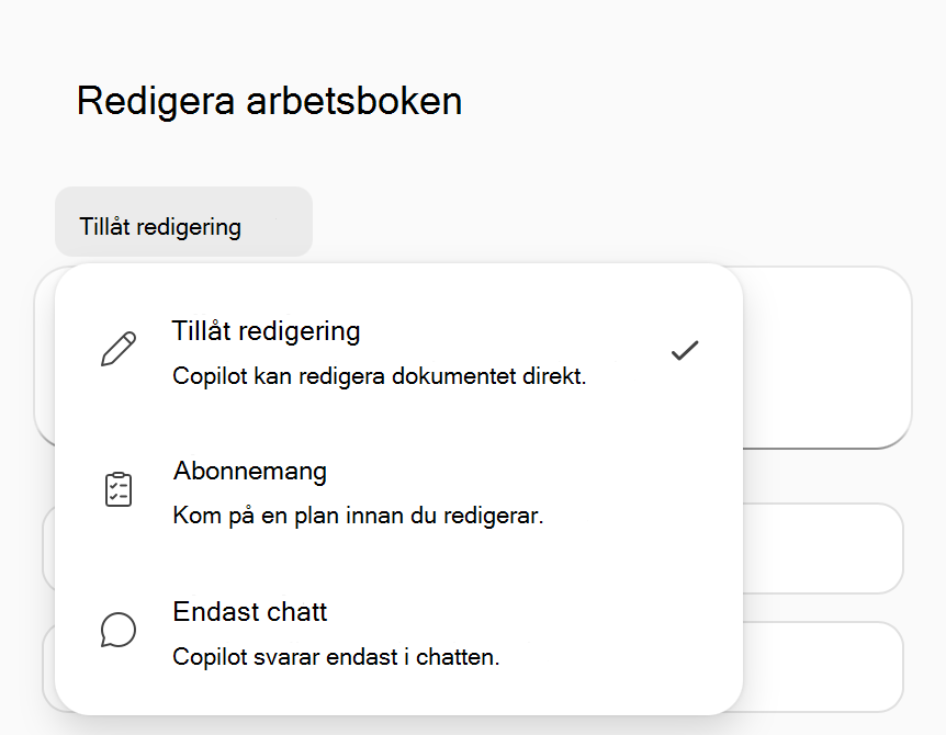 Skärmbild av alternativmenyn för Copilot i Excel-läge.