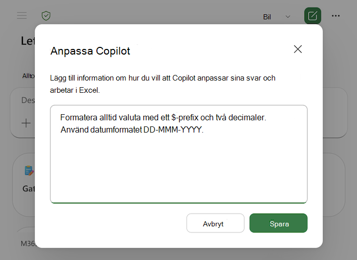 Skärmbild av dialogrutan Copilot i Excel-anpassning, inklusive exempel i textområdet.