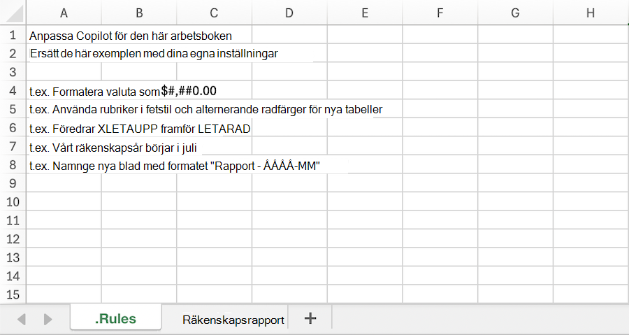 Skärmbild av en Copilot i Excel-arbetsbok med ett exempel . Kalkylblad med regler.