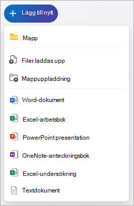 Skärmbild som visar OneDrive och de Office-dokument du kan skapa.