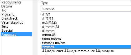 Dialogen formatera celler, anpassat kommando, h:mm-typ