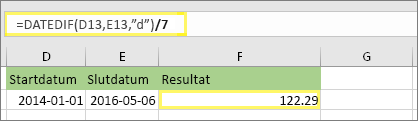 =(DATEDIF(D13,E13,d)/7) och resultat: 122,29