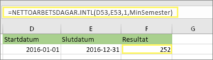 =NETTOARBETSDAGAR.INT(D53,E53,1,MinaRödaDagar) och resultat: 252
