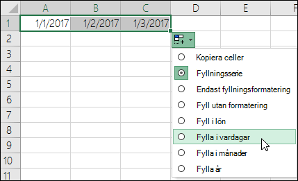 Använd fyllningshandtaget för att skapa en lista med sekventiella datum