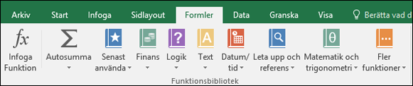 Fliken Excel-formler i menyfliksområdet