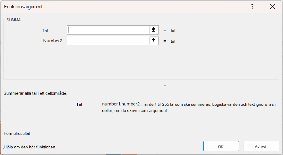 Dialogrutan Excel-funktionsargument