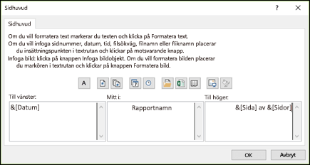 Dialogrutan Anpassat sidhuvud under Utskriftsformat