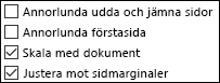 Alternativ för sidhuvuden och sidfötter i dialogrutan Utskriftsformat