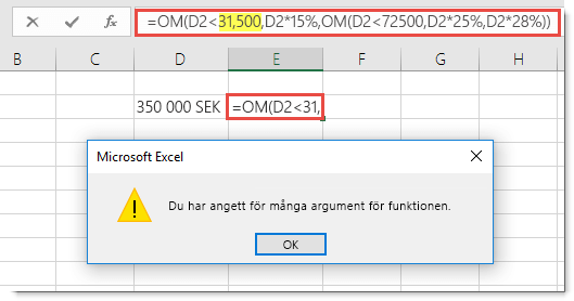 Excel-meddelande när du lägger till kommatecken i ett värde.