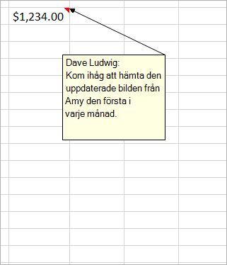 Cell med $1 234,00 och en äldre kommentar bifogad: Dave Ludwig: Är den här siffran korrekt?