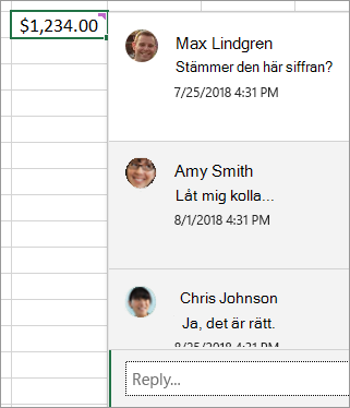 Cell med $1 234,00 och en trådad kommentar bifogad: Dave Ludwig: Är den här siffran korrekt? Amy Smith: Låt mig kolla... och så vidare