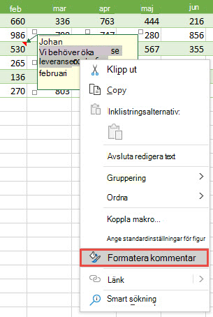 Formatera en kommentar genom att markera texten som ska formateras, högerklicka sedan och välj Formatera kommentar.
