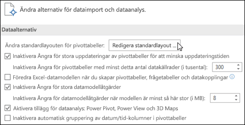 Redigera standardlayouten för pivottabeller från en fil > Alternativ > Data