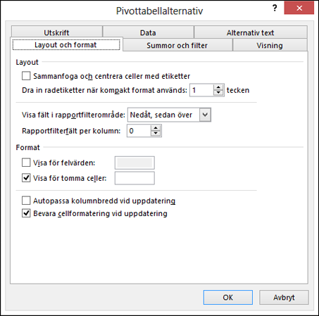 Dialogrutan Pivottabellalternativ