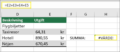 Cell H4 med =E2+E3+E4+E5 och resultatet av #VALUE!