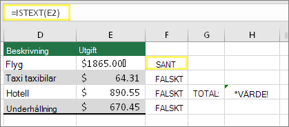 Cell F2 med =ÄRTEXT(E2) och resultatet SANT
