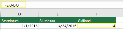 Cell D10 med 2016-01-01, cell E10 med 2016-04-24, Cell F10 med formel: =E10-D10 och resultatet 114