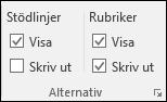 Alternativ > för sidlayoutblad > Skriv ut rubriker