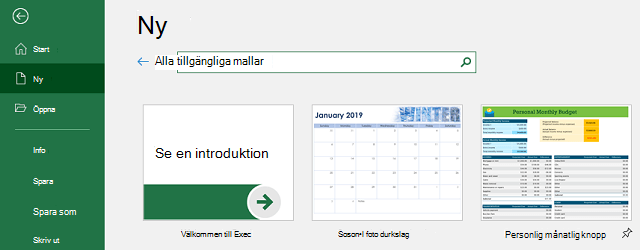 Ny flik på Arkiv-menyn, där sökfältet Sök efter onlinemallar används