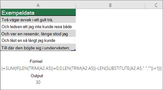 Exempel på en kapslad formel för att räkna ord
