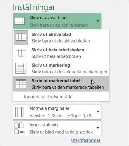 Skriva ut markerad tabell