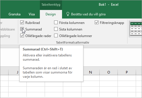 Alternativet Summarad på fliken Design