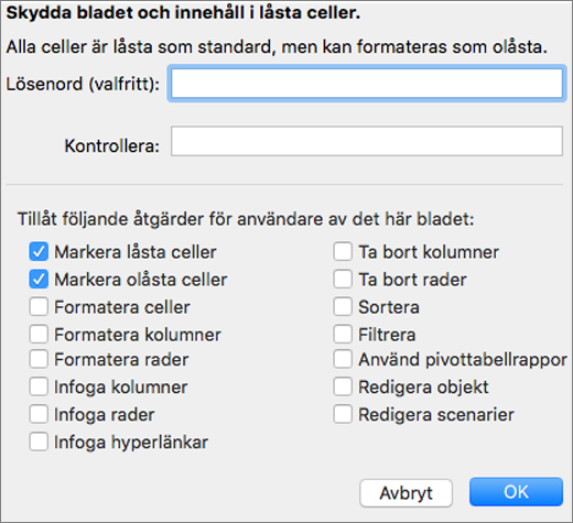 Skärmbild som visar de element som är tillgängliga för skydd i ett blad.