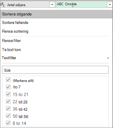 Använda Autofilter för att se de områden som skapats
