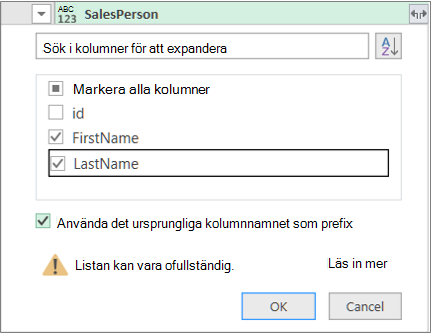 Expandera Posten till tabellen