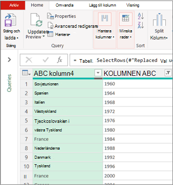 En typisk Power Query-redigeraren vy
